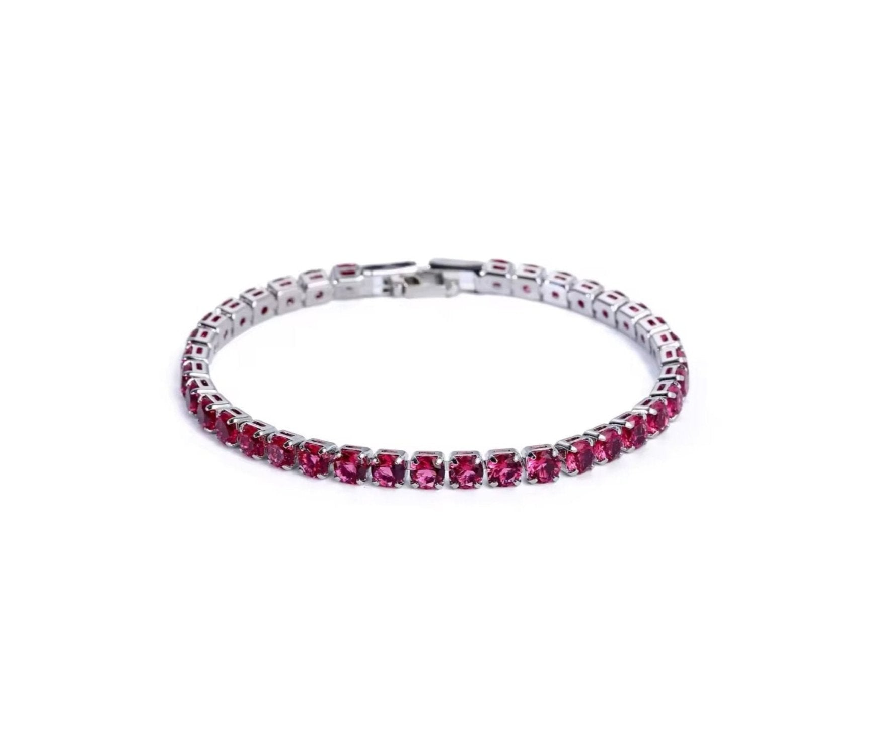 A cherry red tennis bracelet with silver metal and cubic zirconia stones displayed on a white background.