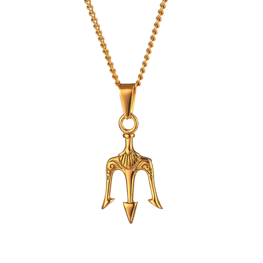 A Gold colored stainless steel trident pendant with a chain included, displayed against a white background.