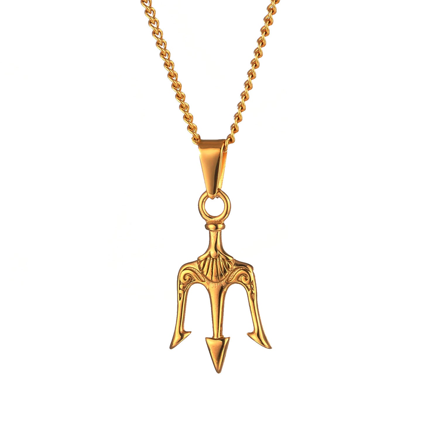A Gold colored stainless steel trident pendant with a chain included, displayed against a white background.