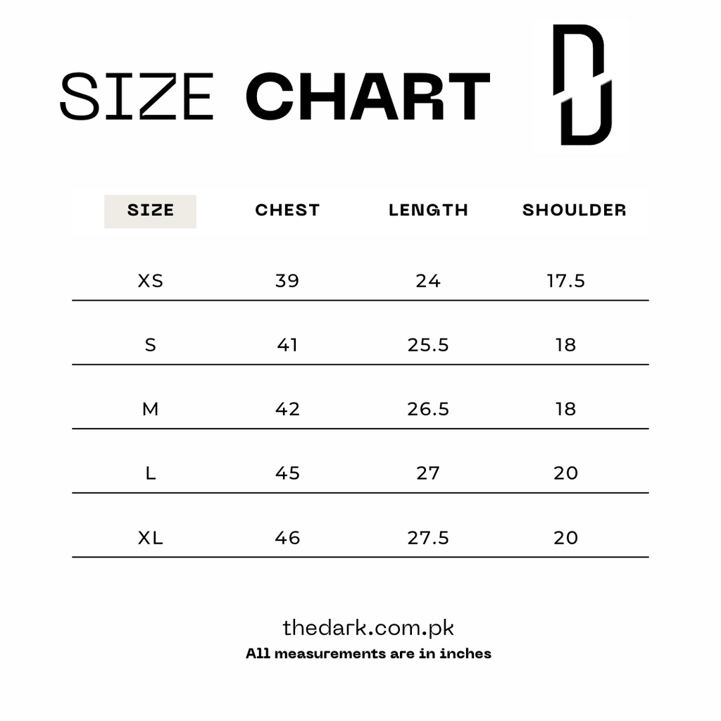 The Dark size chart of their black and beige polo shirts