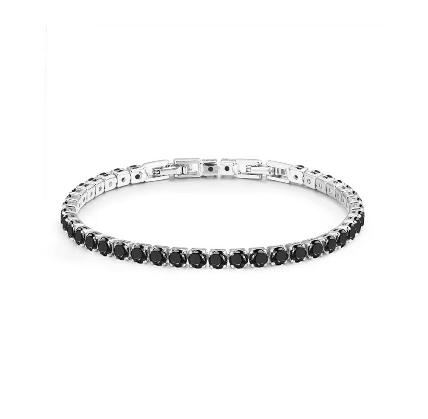 Noir (black)tennis bracelet displayed on a clean white background highlighting its sleek black stones and refined design.